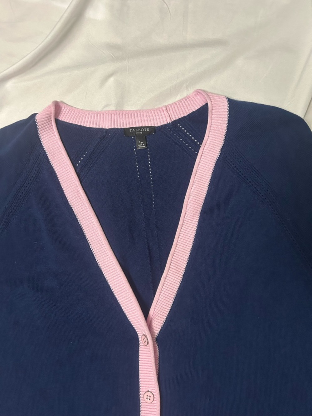 Talbots Petite Cardigan Size L Womens V Neck Knit Preppy Blue Pink Sweater - Picture 6 of 14